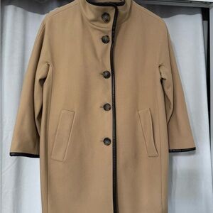 Wool Camel Color Button-Up Coat with Brown Leather Trim